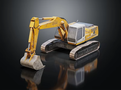 Yellow Tracked Excavator Machinery With Cab And Bucket On Reflective Surface 3d model