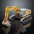 Yellow Tracked Excavator Machinery With Cab And Bucket On Reflective Surface