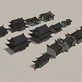 Traditional Ancient Architecture Models Featuring Various Styles Overhanging Eaves And Courtyards 3d model