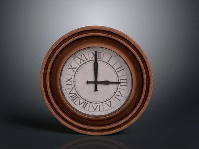Round Wooden Clock With Roman Numerals And Black Hands On Gray Background 3d model