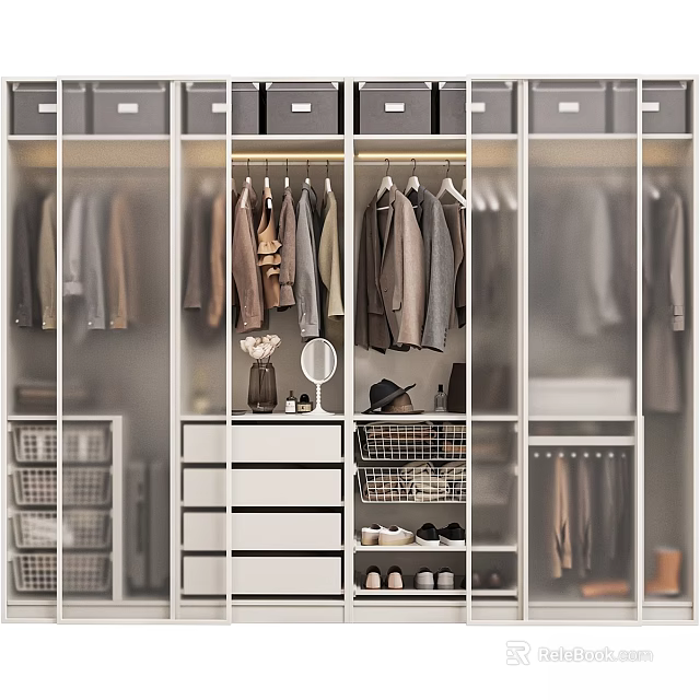 Modern Chest of Drawers in Closet with Hanging Clothes Storage Baskets and Shoes 3d model 