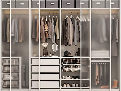 Modern Chest of Drawers in Closet with Hanging Clothes Storage Baskets and Shoes 3d model