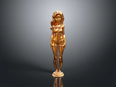 Golden Female Statue With Long Hair Standing On Polished Base Surface 3d model