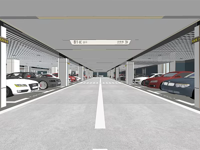 Interior Parking Garage With Parked Cars In Marked Spaces White Lane Markings And Ceiling Signs 3d model