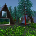 A Frame Wooden House With Large Windows Surrounded By Green Trees 3d model