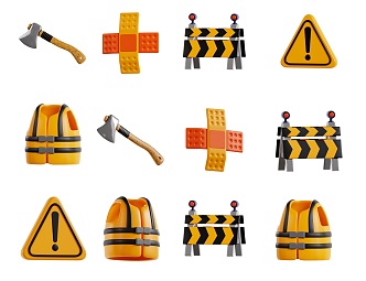 Modern Cartoon Emergency Service Icon Axe Band-Aid Obstacle Warning Lifejacket Lifeboat Cartoon Emergency Sign Pattern Icon Emergency Obstacle Sign 3d model