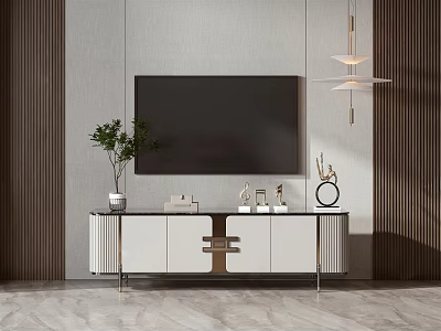 Modern Luxury TV Stand With White Cabinets Gold Accents And Decorative Items 3d model