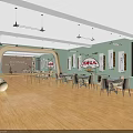 Kindergarten Interior with Green Walls Wooden Floors Curved Desk Tables Chairs and Decorative Paintings