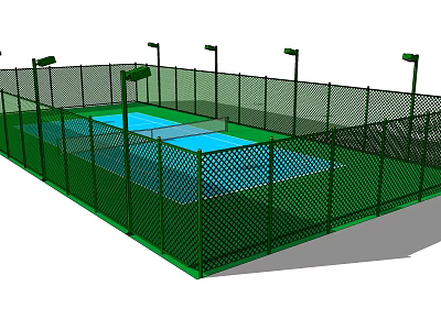 Outdoor Sports Court With Green Fence Blue Surface And Lighting For Fitness 3d model
