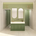 Modern Public Restroom With Light Green Tiles Wooden Partitions And Window