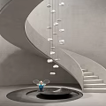 Modern Concrete Spiral Staircase With Hanging Lights And Decorative Angel Figurine