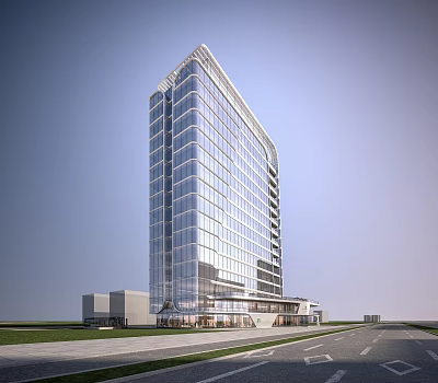 Modern Glass Curtain Wall Hotel Building With Tall High Rise Structure And Front Road Grassland 3d model