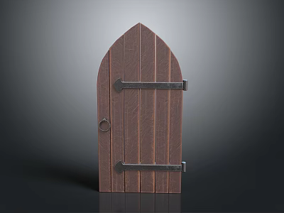 Brown Arched Wooden Door With Metal Hinges And Round Door Knocker 3d model