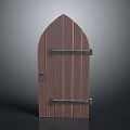 Brown Arched Wooden Door With Metal Hinges And Round Door Knocker