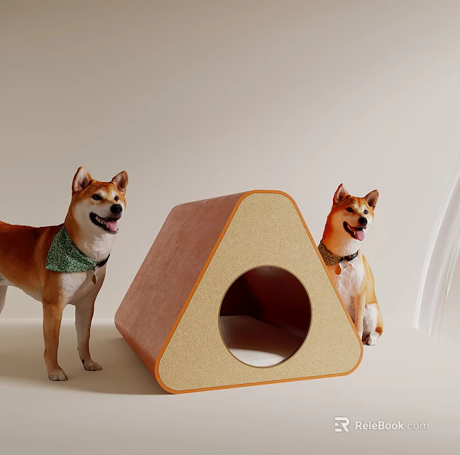 Shiba Inu Dogs Wearing Green Scarf Next To Triangular Brown Dog Bed With Round Entrance 3d model 