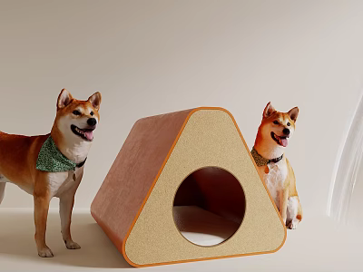 Shiba Inu Dogs Wearing Green Scarf Next To Triangular Brown Dog Bed With Round Entrance 3d model