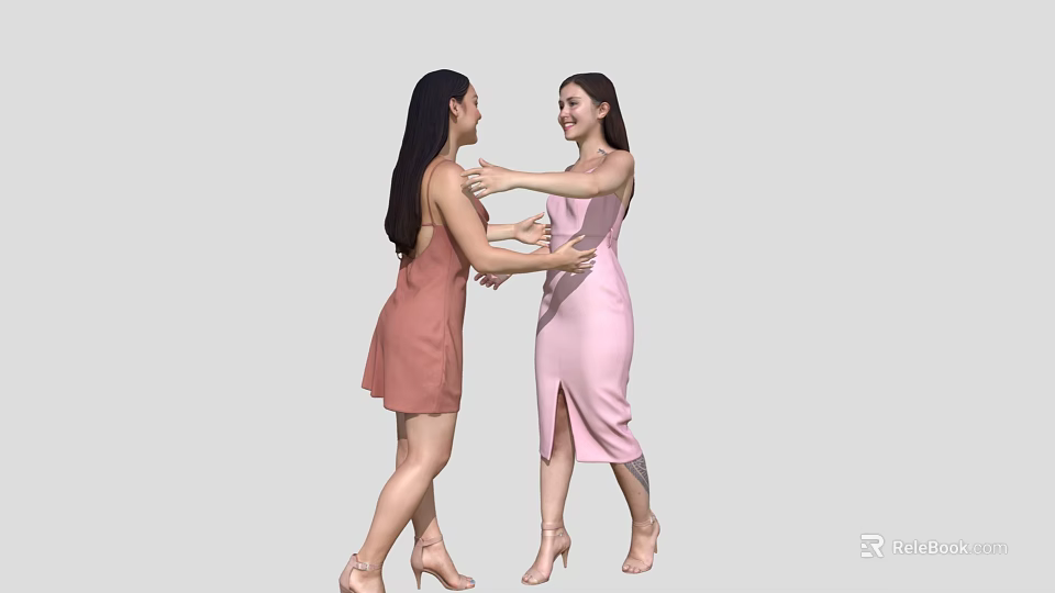 Two Women Dressed In Elegant Dresses And High Heels Interacting 3d model 
