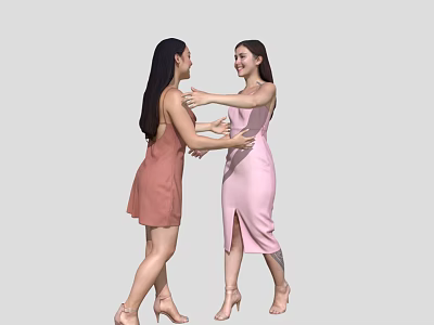 Two Women Dressed In Elegant Dresses And High Heels Interacting 3d model