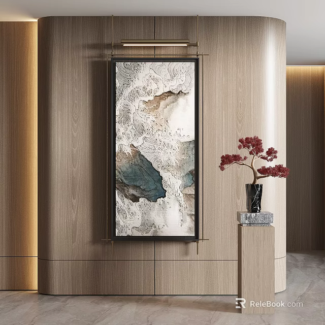 Abstract Painting in Modern Interior on Wooden Wall with Black Vase Red Flowers Natural Texture 3d model 