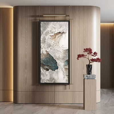 Abstract Painting in Modern Interior on Wooden Wall with Black Vase Red Flowers Natural Texture 3d model