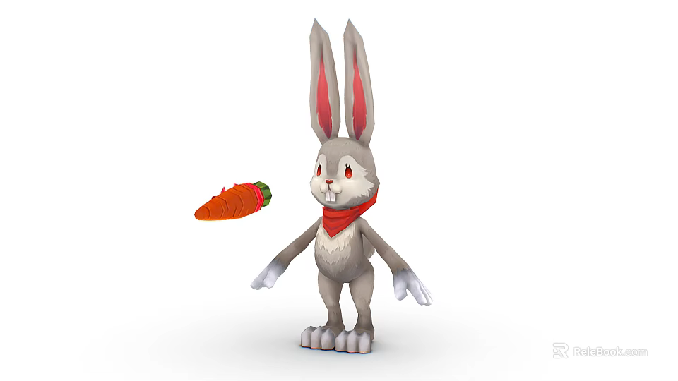Cute Gray Rabbit With Long Ears Red Scarf And Carrot 3d model 