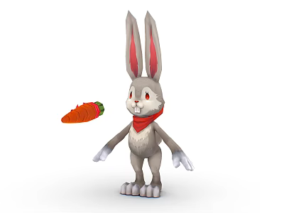 Cute Gray Rabbit With Long Ears Red Scarf And Carrot 3d model