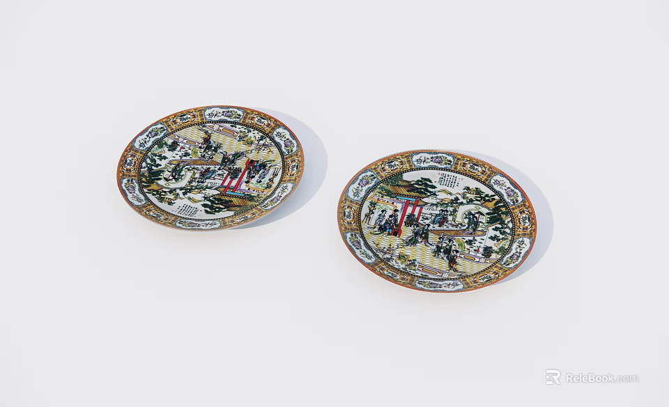 Two Oval Shaped Ceramic Plates Featuring Intricate Colorful Decorative Traditional Patterns 3d model 