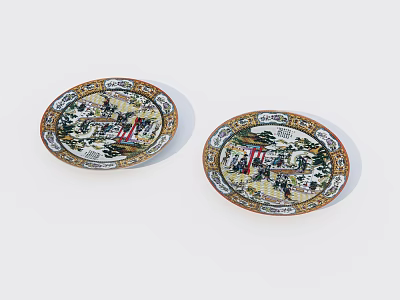Two Oval Shaped Ceramic Plates Featuring Intricate Colorful Decorative Traditional Patterns 3d model