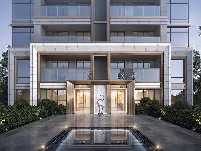 Modern Building Facade Design Featuring Glass Metal Frame Symmetric Entrance Water Feature And Greenery 3d model