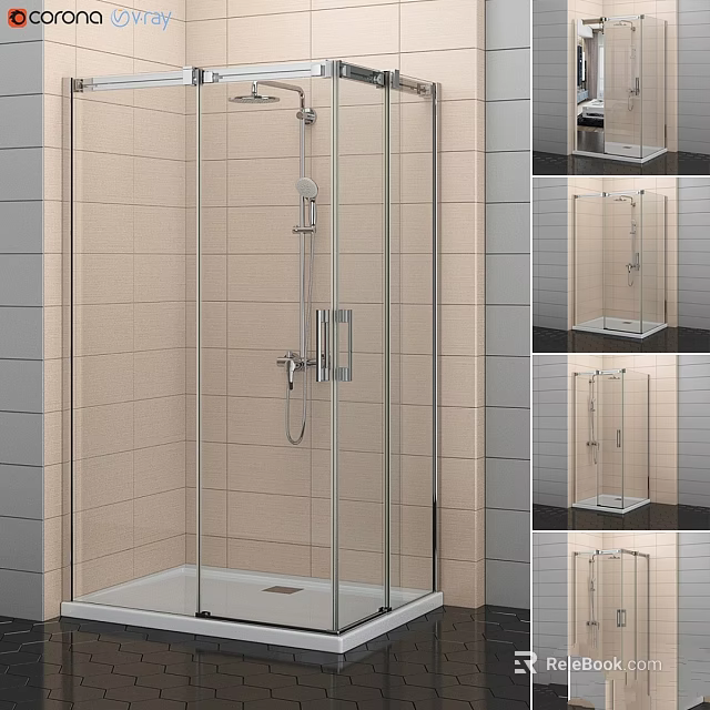 Modern Glass Shower Sauna Enclosure With Tiled Walls And Shower Fixtures 3d model 