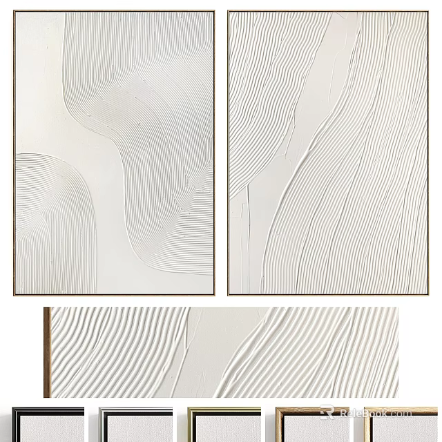 White Textured Abstract Wall Art With Wavy Lines And Two Panels 3d model 