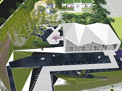 Modern Garden Landscape Design With Geometric Building Green Trees Stone Paths And Water Features 3d model