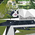 Modern Garden Landscape Design With Geometric Building Green Trees Stone Paths And Water Features