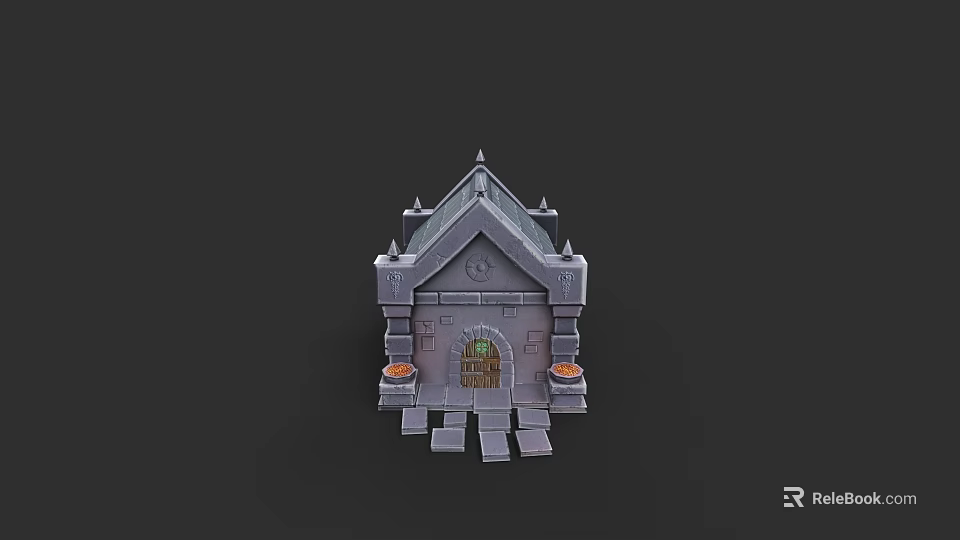 European Style Architectural Design Featuring Steeple Arched Door Stone Walls and Decorative Urns 3d model 
