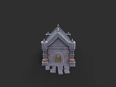 European Style Architectural Design Featuring Steeple Arched Door Stone Walls and Decorative Urns 3d model