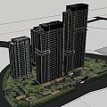 Night View High Rise Residential Landscape With Glass Curtain Walls Illuminated Lights And Waterfront Trees