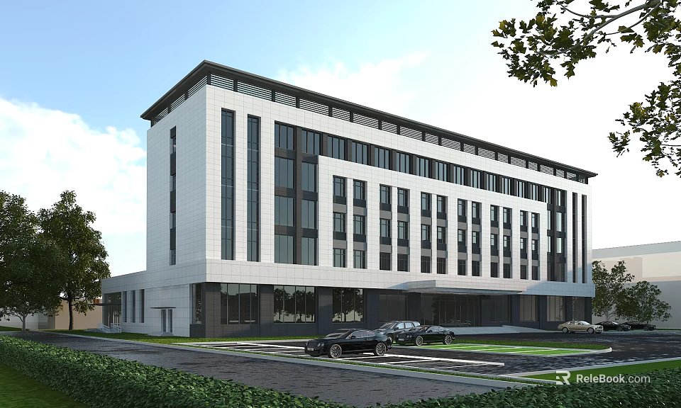 Modern Office Building Exterior With White Facade Large Windows Parking Area And Green Trees 3d model 