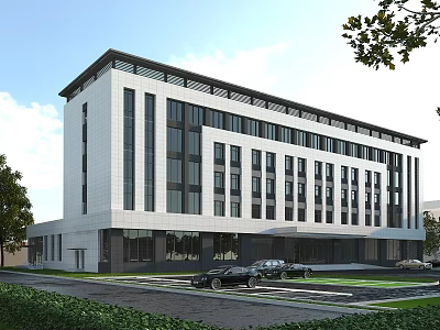 Modern Office Building Exterior With White Facade Large Windows Parking Area And Green Trees 3d model