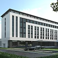 Modern Office Building Exterior With White Facade Large Windows Parking Area And Green Trees