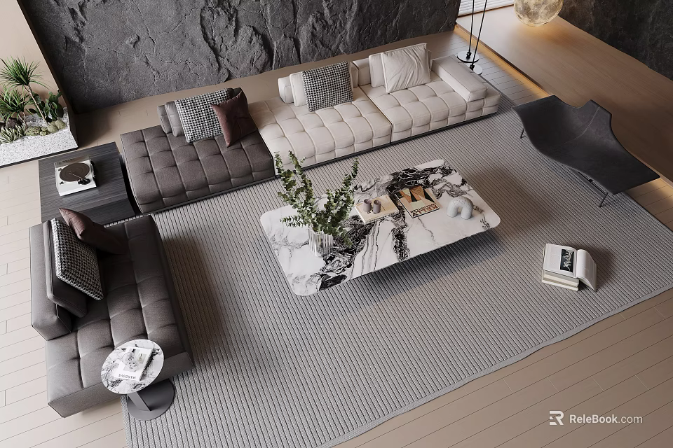 Modern Sectional Sofa And Coffee Table Set With Gray Upholstery Marble Top And Plush Cushions 3d model 