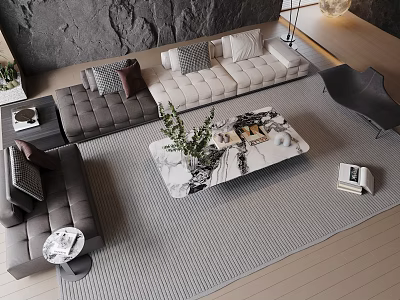 Modern Sectional Sofa And Coffee Table Set With Gray Upholstery Marble Top And Plush Cushions 3d model