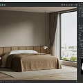 Minimalist Bedroom Interior With Gray Walls Wooden Headboard Brown Blanket Pendant Lights And City View