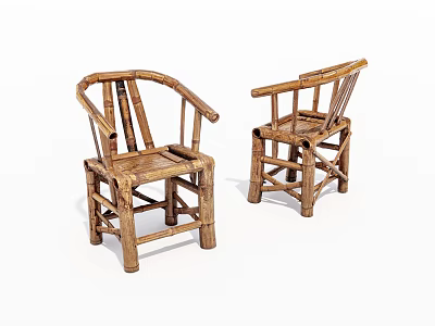 Two Handcrafted Bamboo Leisure Chairs With Armrests In Natural Rustic Design 3d model