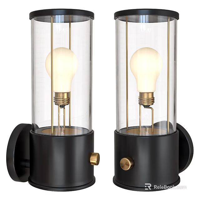 Modern Industrial Wall Sconce With Black Base Gold Accents Exposed Bulb And Transparent Glass Shade 3d model 