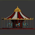 Colorful Carousel Design With Golden Top Red White Striped Tent And Blue Horses