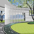 Modern Garden Landscape Design With Architectural Structure Green Trees And Pedestrian Area