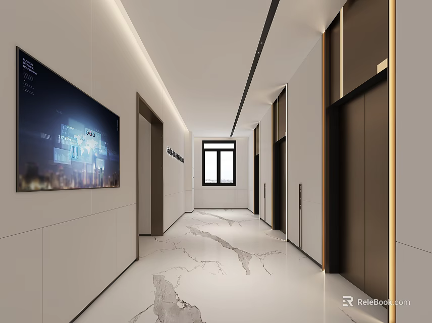 Modern Elevator Hallway With White Walls Marble Floor Dark Doors And Digital Screen 3d model