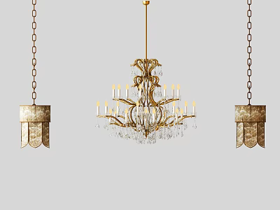 Gorgeous Crystal Chandelier With Golden Metal Frame Hanging Chains And Decorative Side Lampshades 3d model
