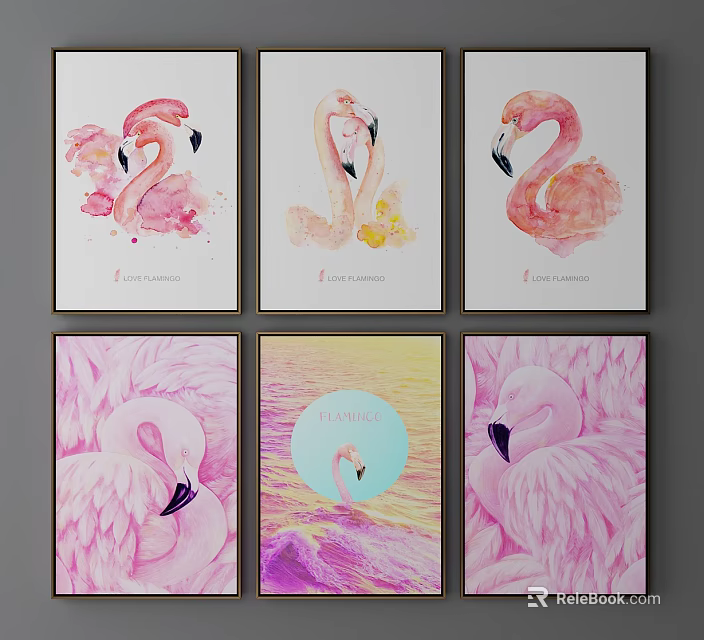 Flamingo Animal Paintings in Watercolor Style with Pink Hues and Six Artworks 3d model 