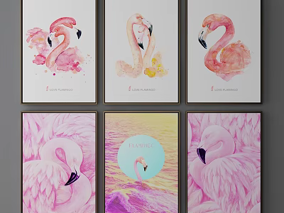 Flamingo Animal Paintings in Watercolor Style with Pink Hues and Six Artworks 3d model